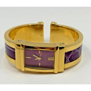 Joan Rivers Cuff Watch, Gold-tone with Purple Croc-Look Embossed Leather Band,